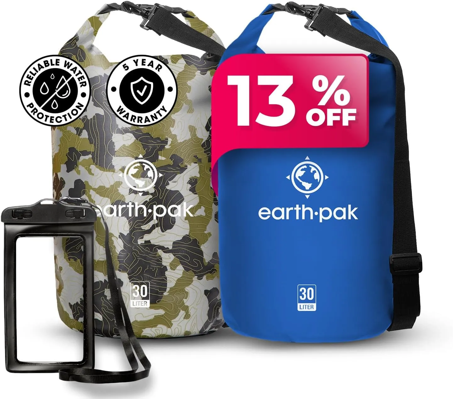 Earth Pak Waterproof Dry Bag - Roll Top Waterproof Backpack Sack (30L Camo & 30L Blue)