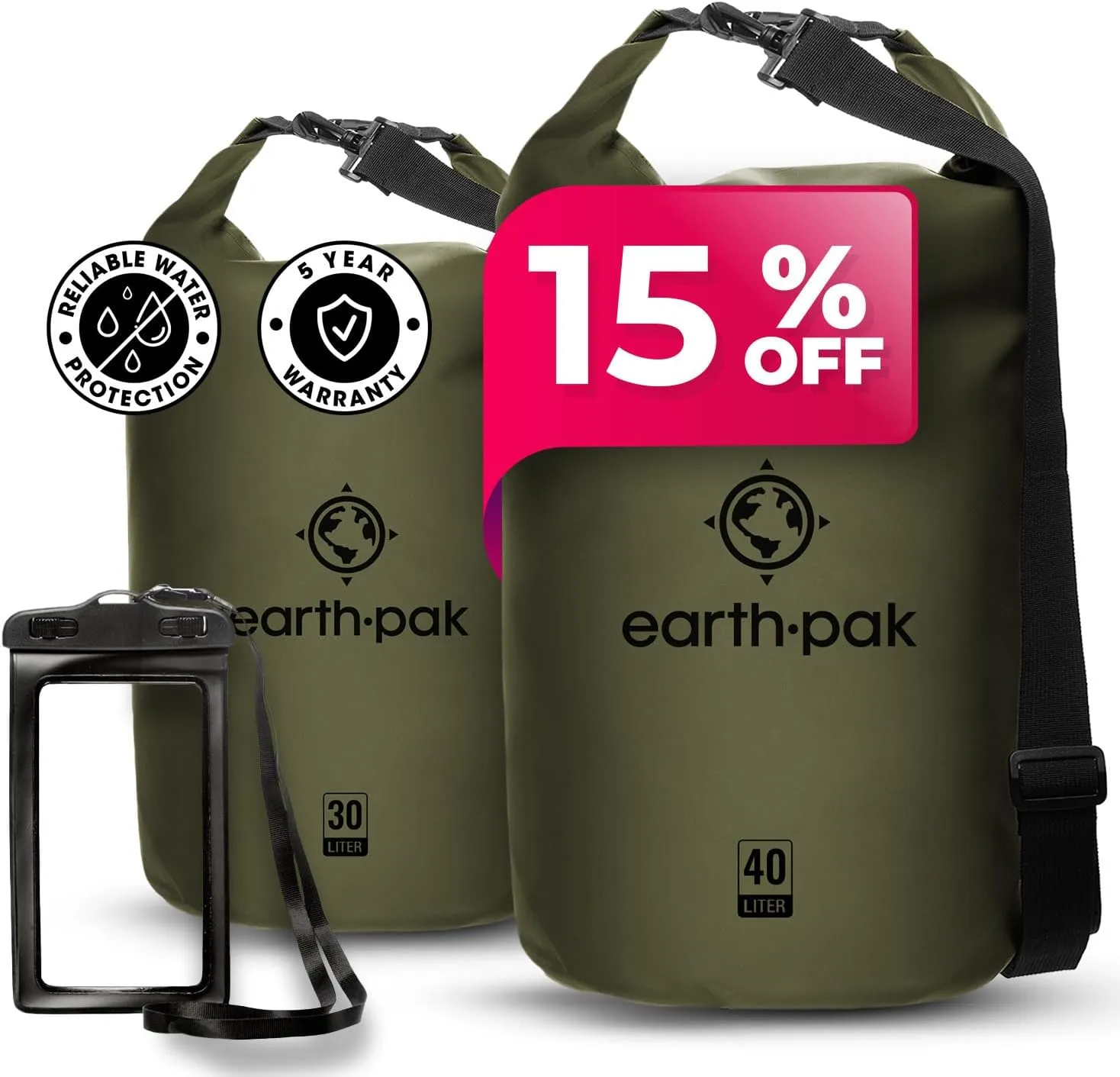 Earth Pak Waterproof Dry Bag - Roll Top Waterproof Backpack Sack (Green 40L & 30L)