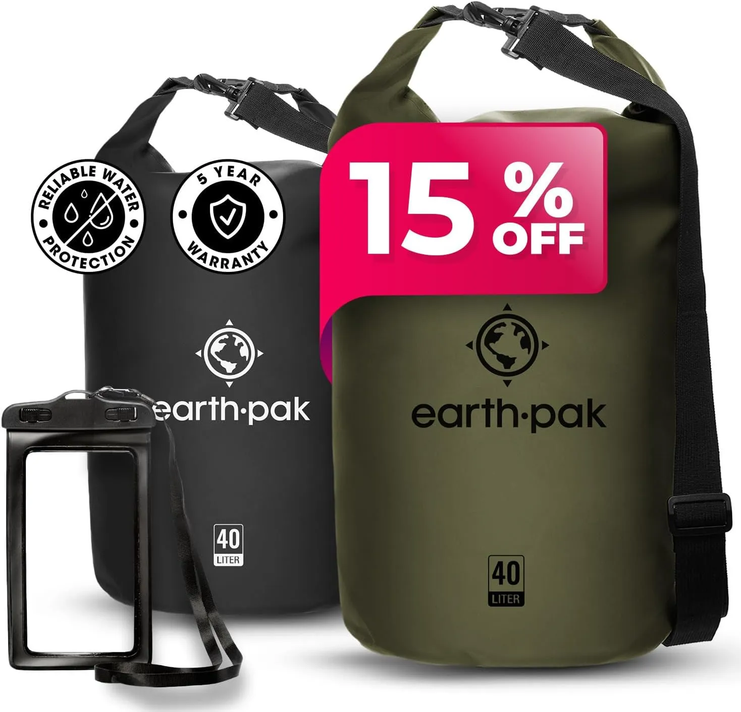 Earth Pak Waterproof Dry Bag - Roll Top Waterproof Backpack Sack (Green 40L & Black 30L)
