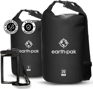 Earth Pak Waterproof Dry Bag - Roll Top Waterproof Backpack Sack Keeps Gear Dry for Kayaking, Beach, Rafting, Boating, Hiking, Camping and Fishing Black 5L & 20L