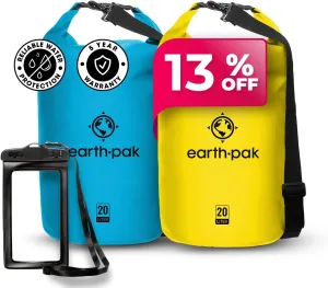 Earth Pak Waterproof Dry Bag - Roll Top Waterproof Backpack Sack (Light Blue 20L & Yellow 20L)
