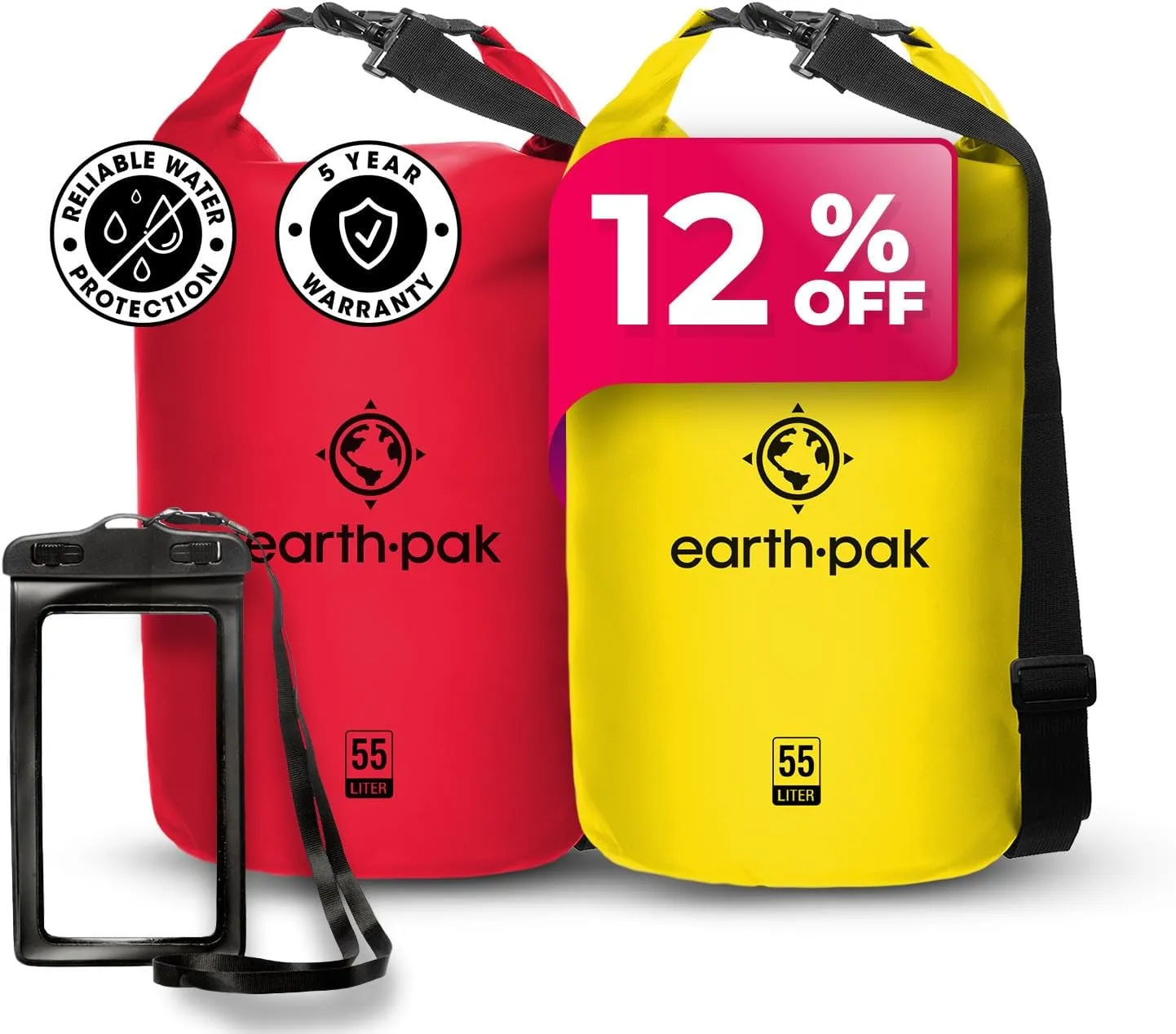 Earth Pak Waterproof Dry Bag - Roll Top Waterproof Backpack Sack Red 55L & Yellow 55L