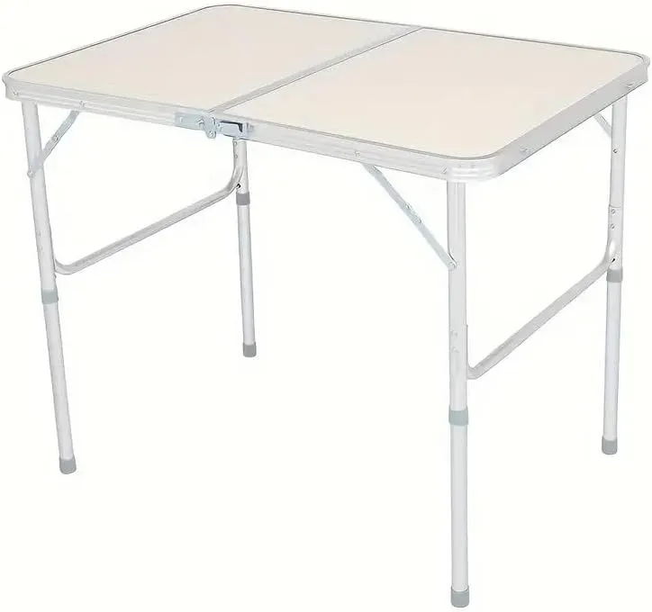 Effortlessly Portable with Compact Outdoor Folding Table, Adjustable Height for Camping and Picnics, Beige and Silver Gray