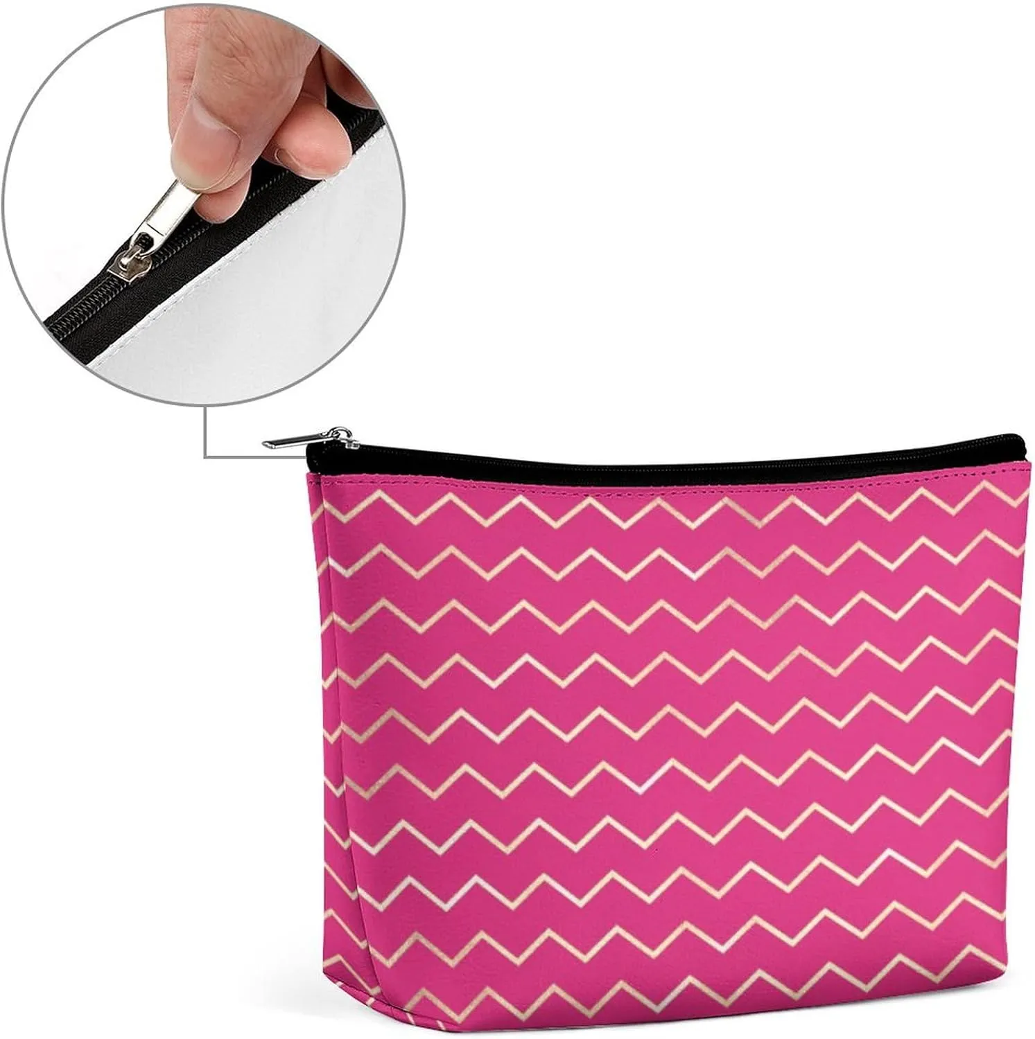 Elegant Makeup Bag, Chevron Stripes Lines Gold Metallic Bright Pink Cosmetic Bag Large Capacity Pouch Portable Organizer for Men & Women