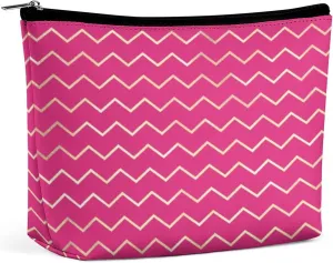 Elegant Makeup Bag, Chevron Stripes Lines Gold Metallic Bright Pink Cosmetic Bag Large Capacity Pouch Portable Organizer for Men & Women