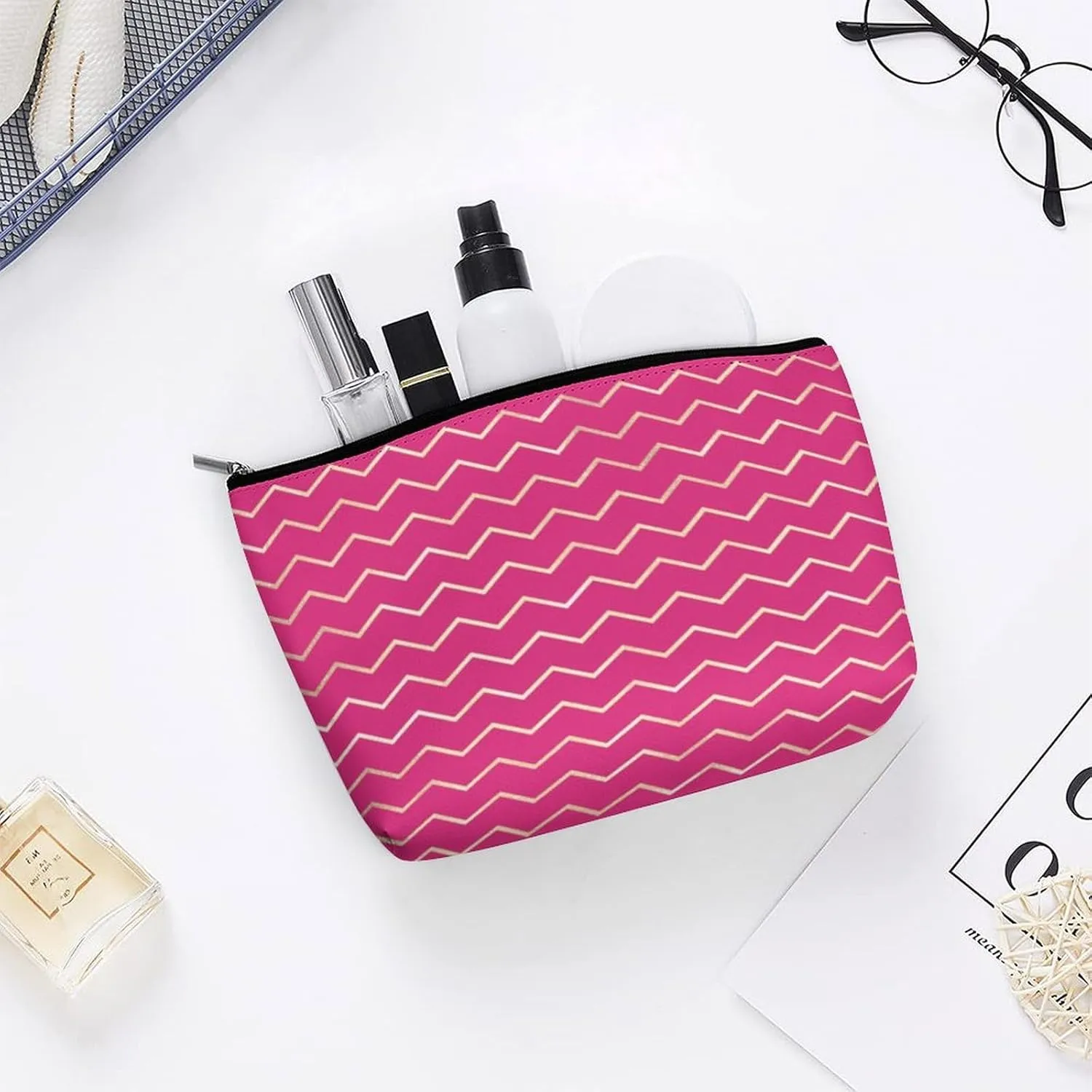 Elegant Makeup Bag, Chevron Stripes Lines Gold Metallic Bright Pink Cosmetic Bag Large Capacity Pouch Portable Organizer for Men & Women