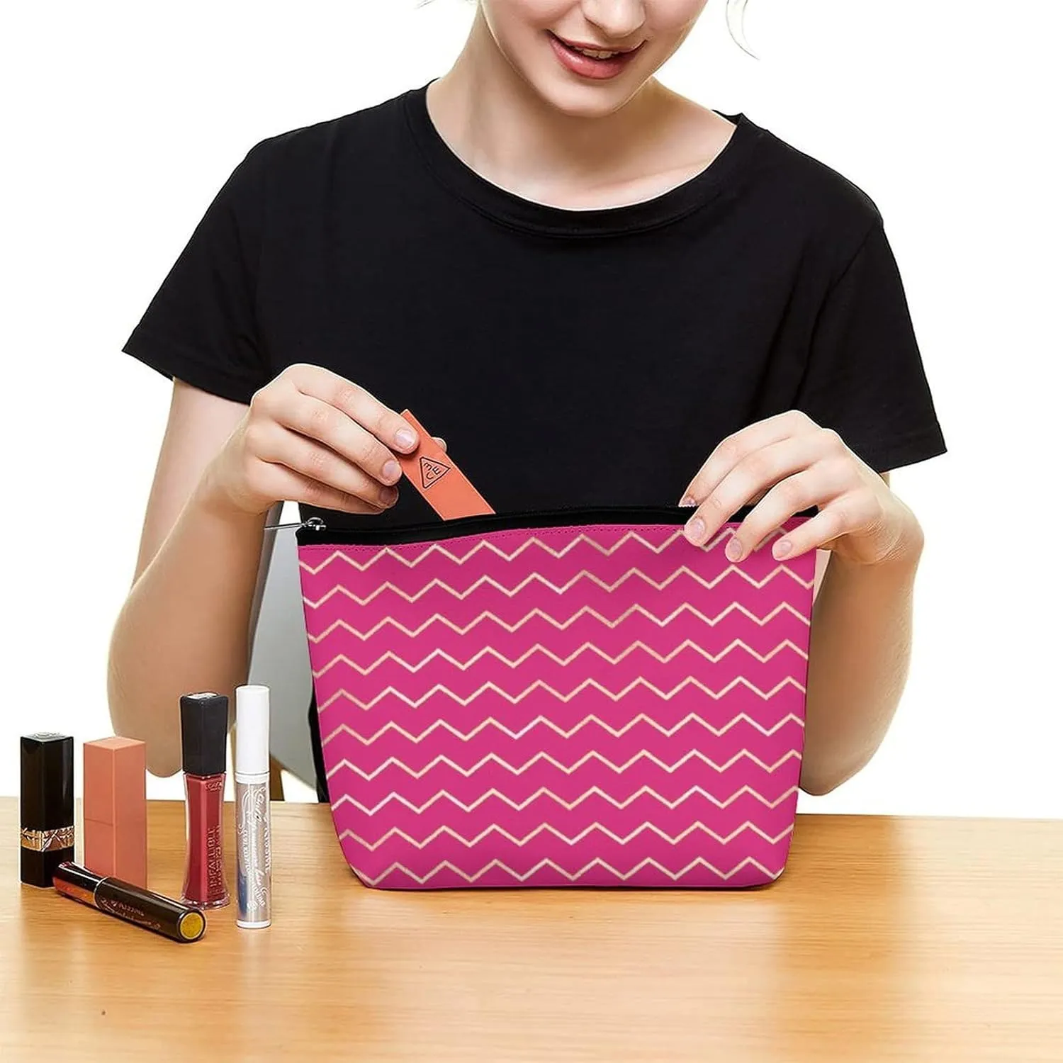 Elegant Makeup Bag, Chevron Stripes Lines Gold Metallic Bright Pink Cosmetic Bag Large Capacity Pouch Portable Organizer for Men & Women