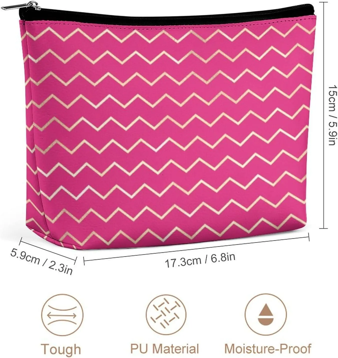 Elegant Makeup Bag, Chevron Stripes Lines Gold Metallic Bright Pink Cosmetic Bag Large Capacity Pouch Portable Organizer for Men & Women