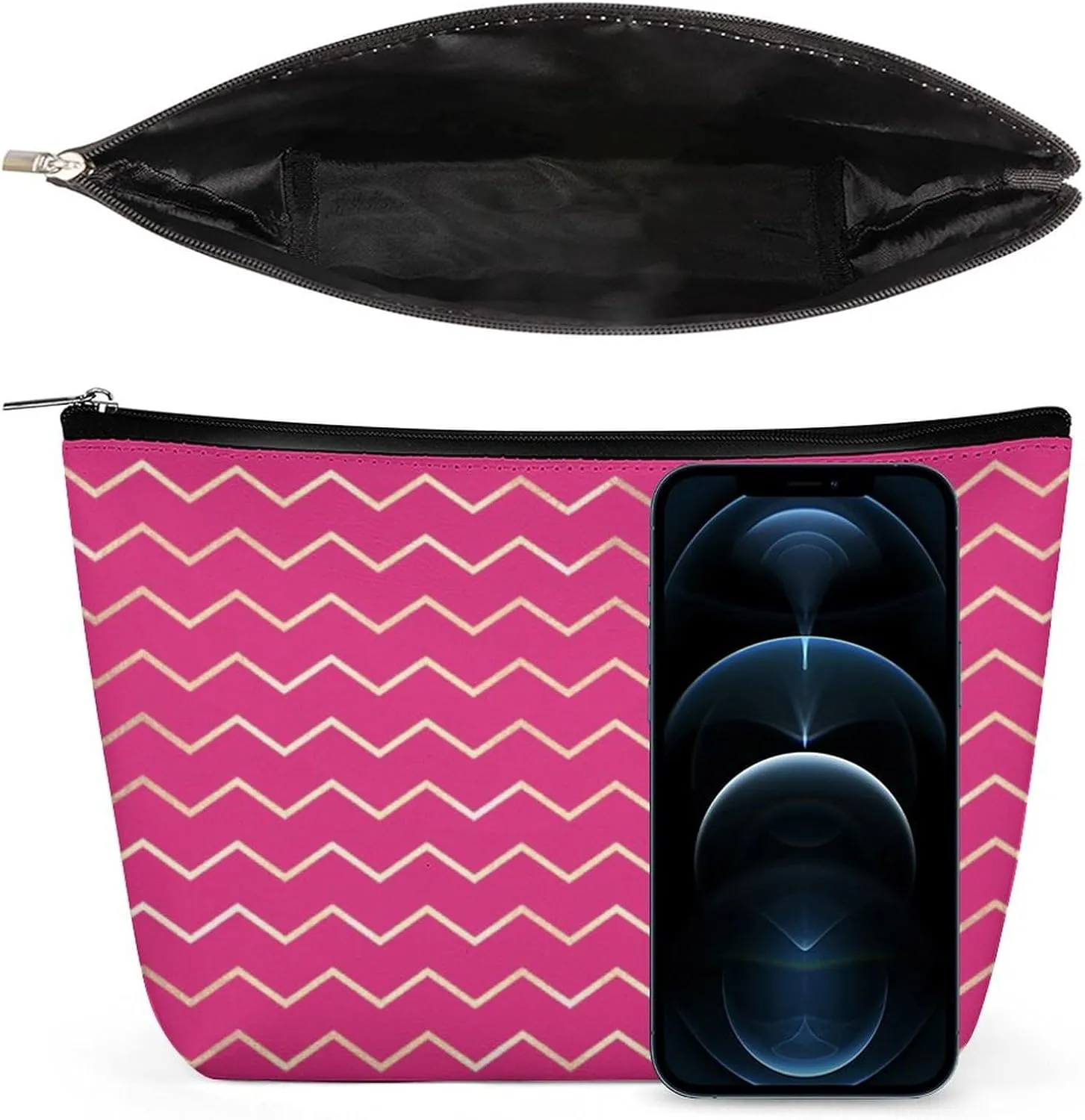 Elegant Makeup Bag, Chevron Stripes Lines Gold Metallic Bright Pink Cosmetic Bag Large Capacity Pouch Portable Organizer for Men & Women