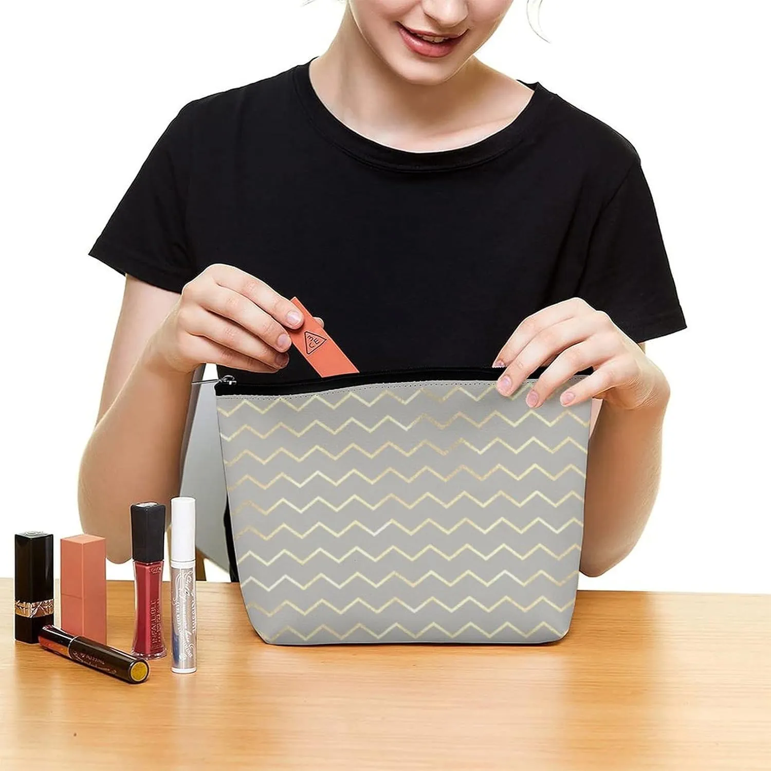 Elegant Makeup Bag, Chevron Stripes Lines Gold Metallic Gray Pastel Cosmetic Bag Large Capacity Pouch Portable Organizer for Men & Women
