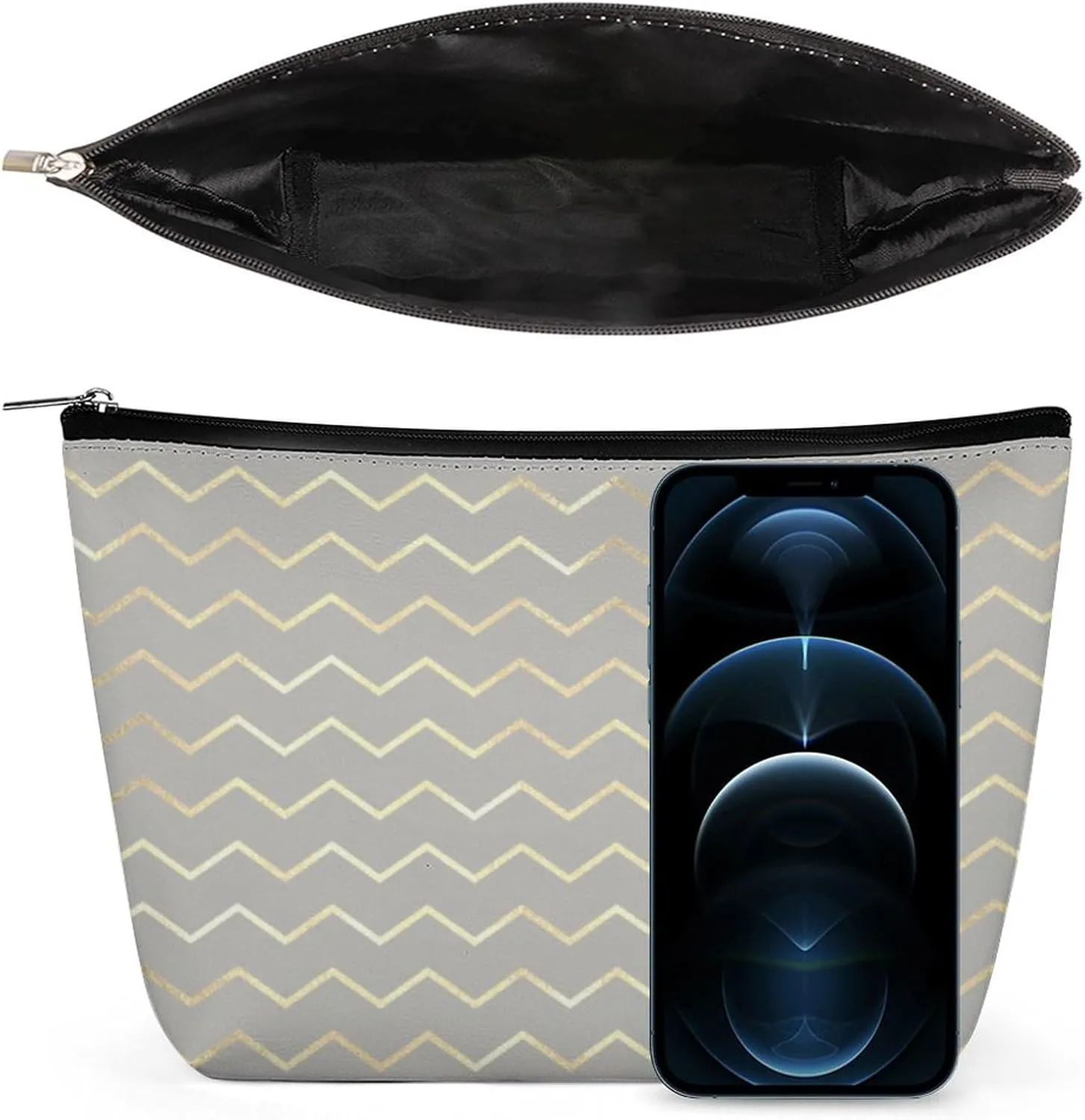 Elegant Makeup Bag, Chevron Stripes Lines Gold Metallic Gray Pastel Cosmetic Bag Large Capacity Pouch Portable Organizer for Men & Women
