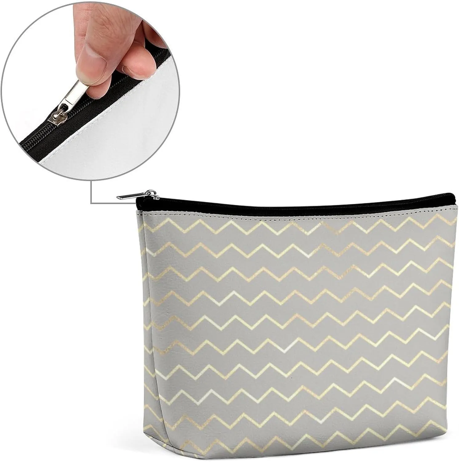 Elegant Makeup Bag, Chevron Stripes Lines Gold Metallic Gray Pastel Cosmetic Bag Large Capacity Pouch Portable Organizer for Men & Women