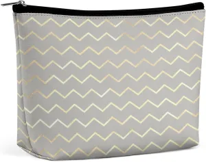 Elegant Makeup Bag, Chevron Stripes Lines Gold Metallic Gray Pastel Cosmetic Bag Large Capacity Pouch Portable Organizer for Men & Women