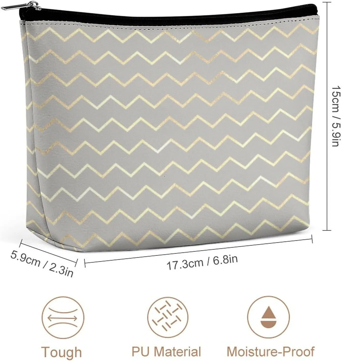 Elegant Makeup Bag, Chevron Stripes Lines Gold Metallic Gray Pastel Cosmetic Bag Large Capacity Pouch Portable Organizer for Men & Women