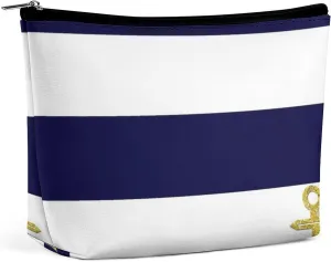 Elegant Makeup Bag, Gold Anchor Nautical Stripes Cosmetic Bag Large Capacity Pouch Portable Organizer for Men & Women