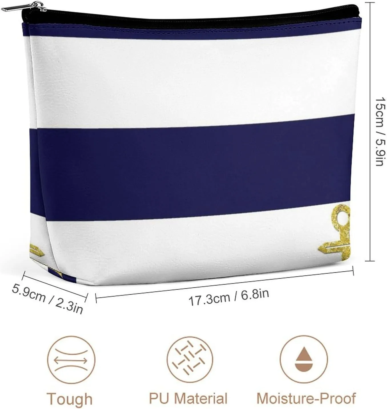 Elegant Makeup Bag, Gold Anchor Nautical Stripes Cosmetic Bag Large Capacity Pouch Portable Organizer for Men & Women