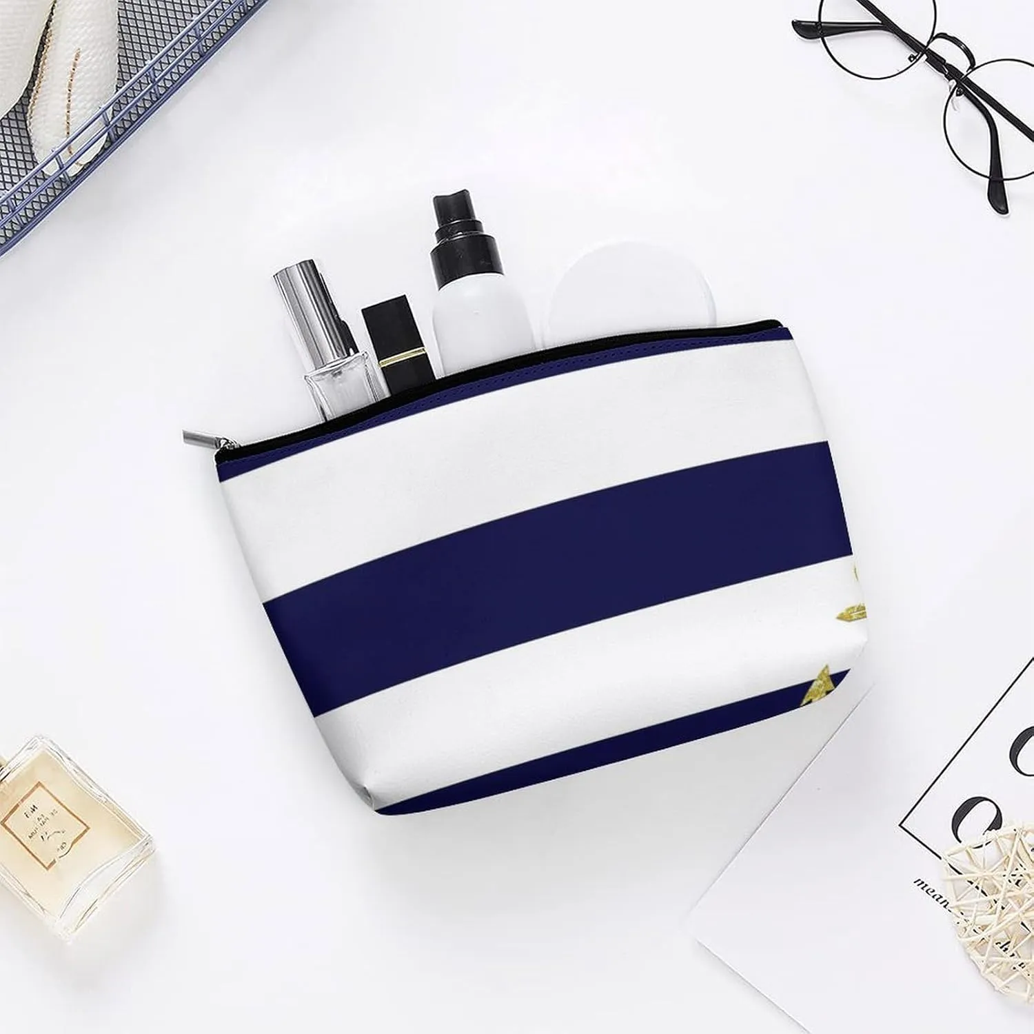 Elegant Makeup Bag, Gold Anchor Nautical Stripes Cosmetic Bag Large Capacity Pouch Portable Organizer for Men & Women