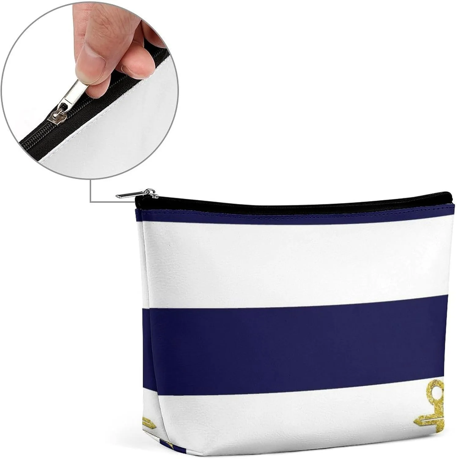 Elegant Makeup Bag, Gold Anchor Nautical Stripes Cosmetic Bag Large Capacity Pouch Portable Organizer for Men & Women