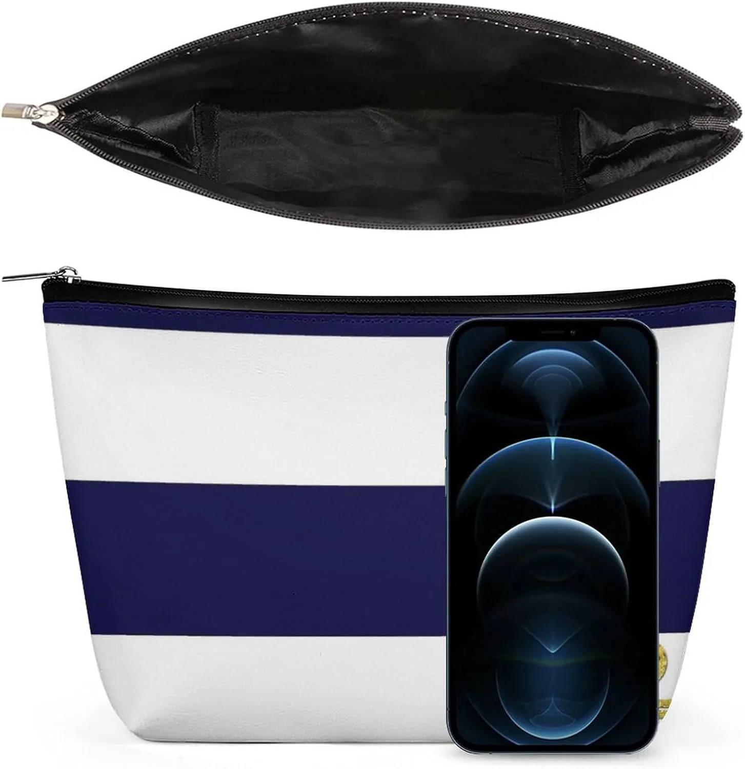 Elegant Makeup Bag, Gold Anchor Nautical Stripes Cosmetic Bag Large Capacity Pouch Portable Organizer for Men & Women