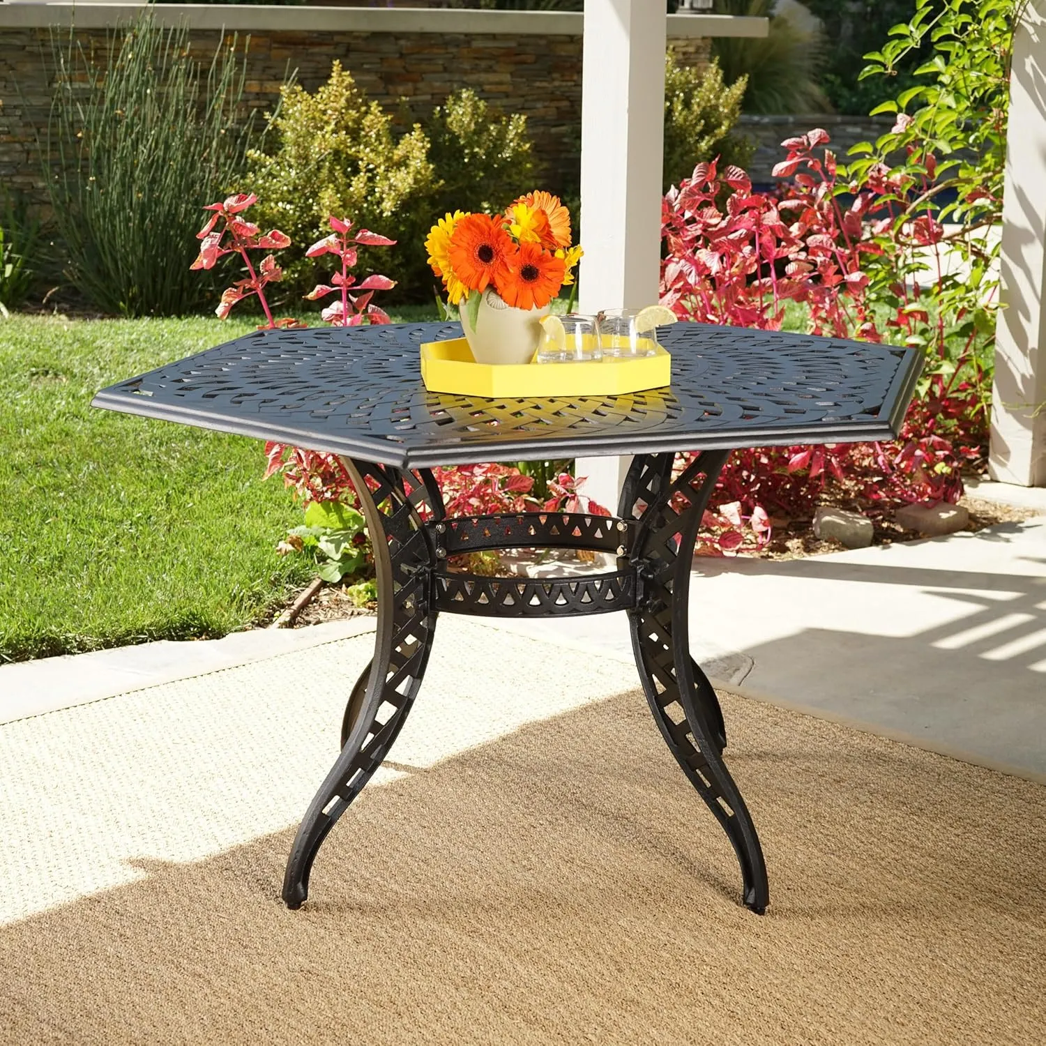 Elegantly Stylish Outdoor Dining Table for Serene Gatherings, Cast Aluminum with Antique Finish, Seats Up to Six, Black