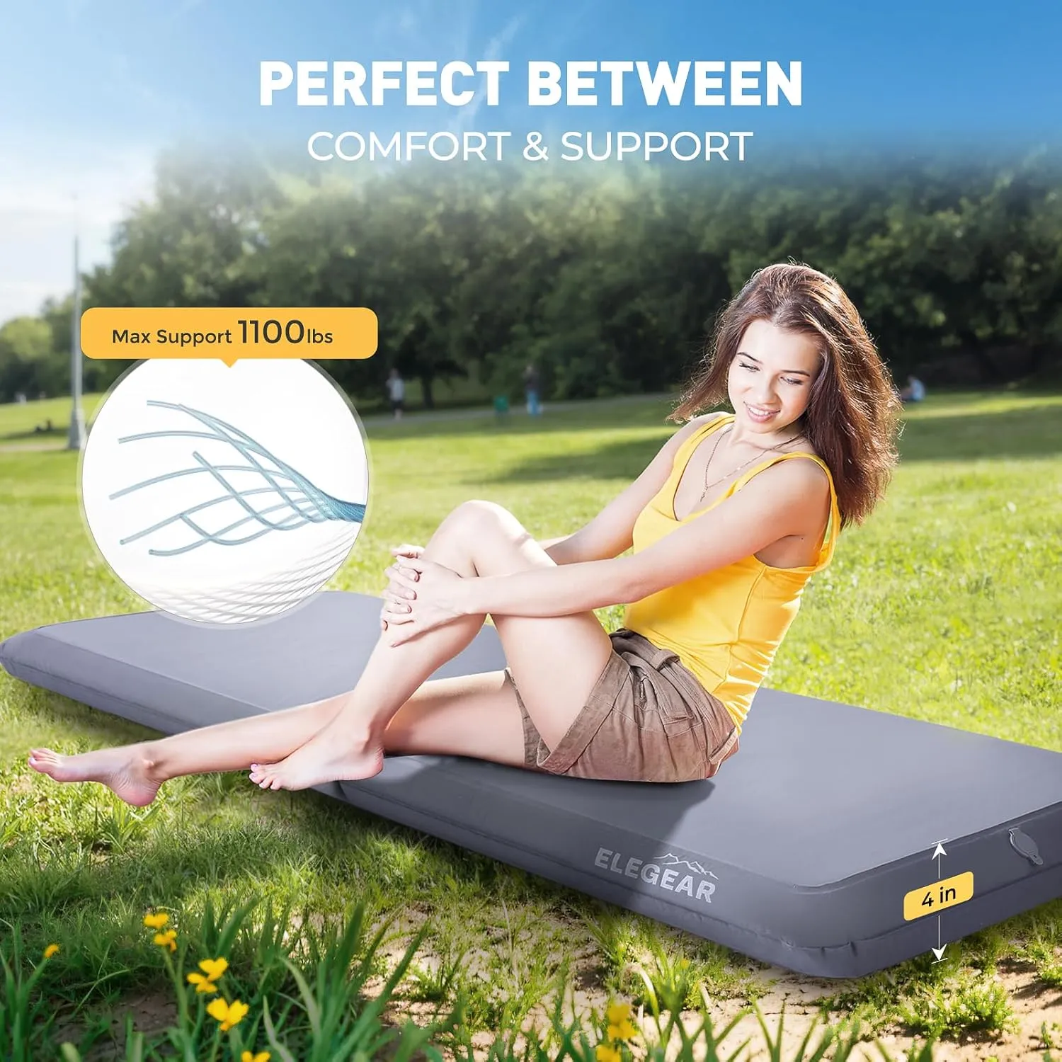 Elegear FiberAir Camping Sleeping Pad, 4’’ Ultra-Thick & 1100lb Ultra-Support Camping Air Mattress with Multi-Function Electric Pump, Durable Sleeping Pad for Camp/Backpacking/Hiking/Tent/Home
