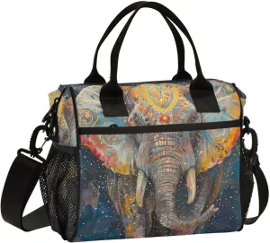Elephant Indian Style Lunch Bag for Women, Insulated Lunch Box for Students, Women's Lunch Tote Bag with Side Pockets & Removable Shoulder Strap Large Cooler Purse for Picnic Work Beach