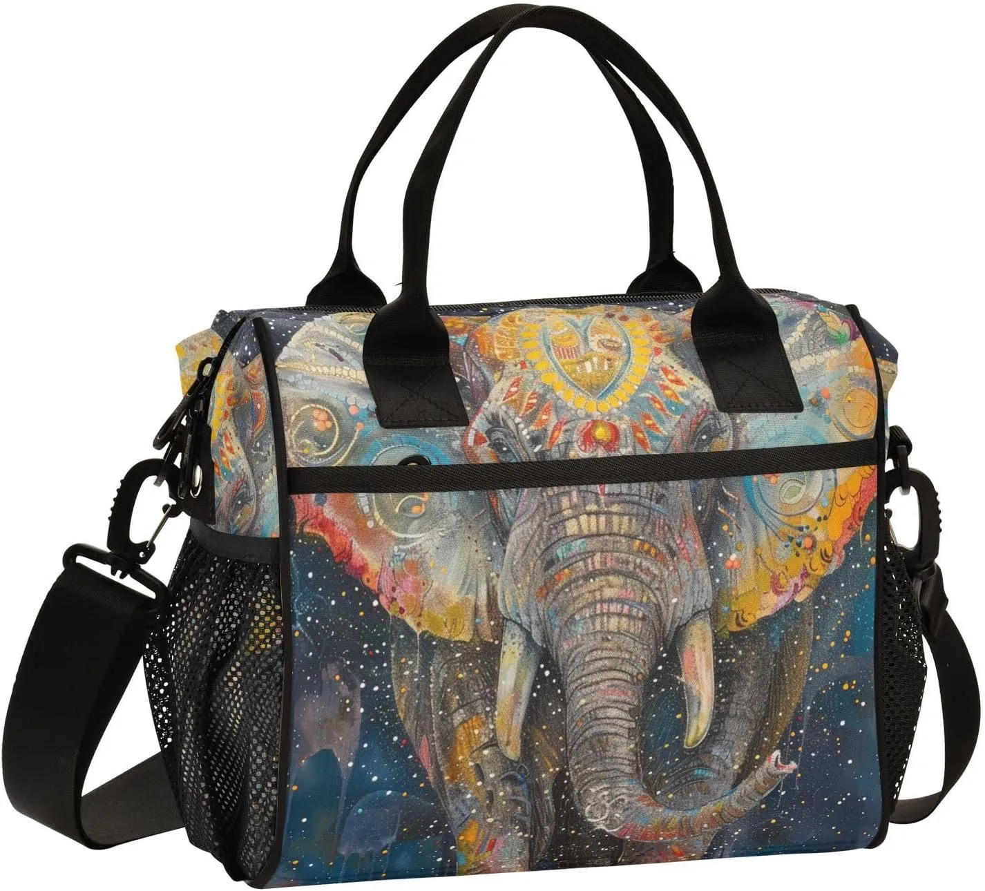 Elephant Indian Style Lunch Bag for Women, Insulated Lunch Box for Students, Women's Lunch Tote Bag with Side Pockets & Removable Shoulder Strap Large Cooler Purse for Picnic Work Beach