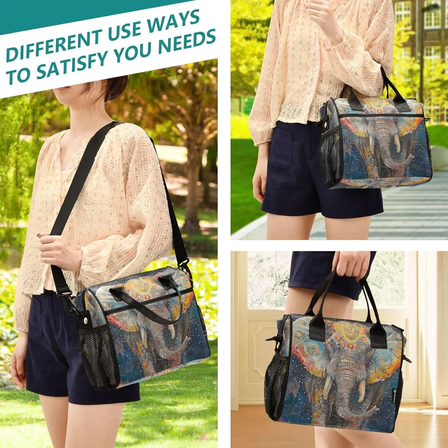Elephant Indian Style Lunch Bag for Women, Insulated Lunch Box for Students, Women's Lunch Tote Bag with Side Pockets & Removable Shoulder Strap Large Cooler Purse for Picnic Work Beach