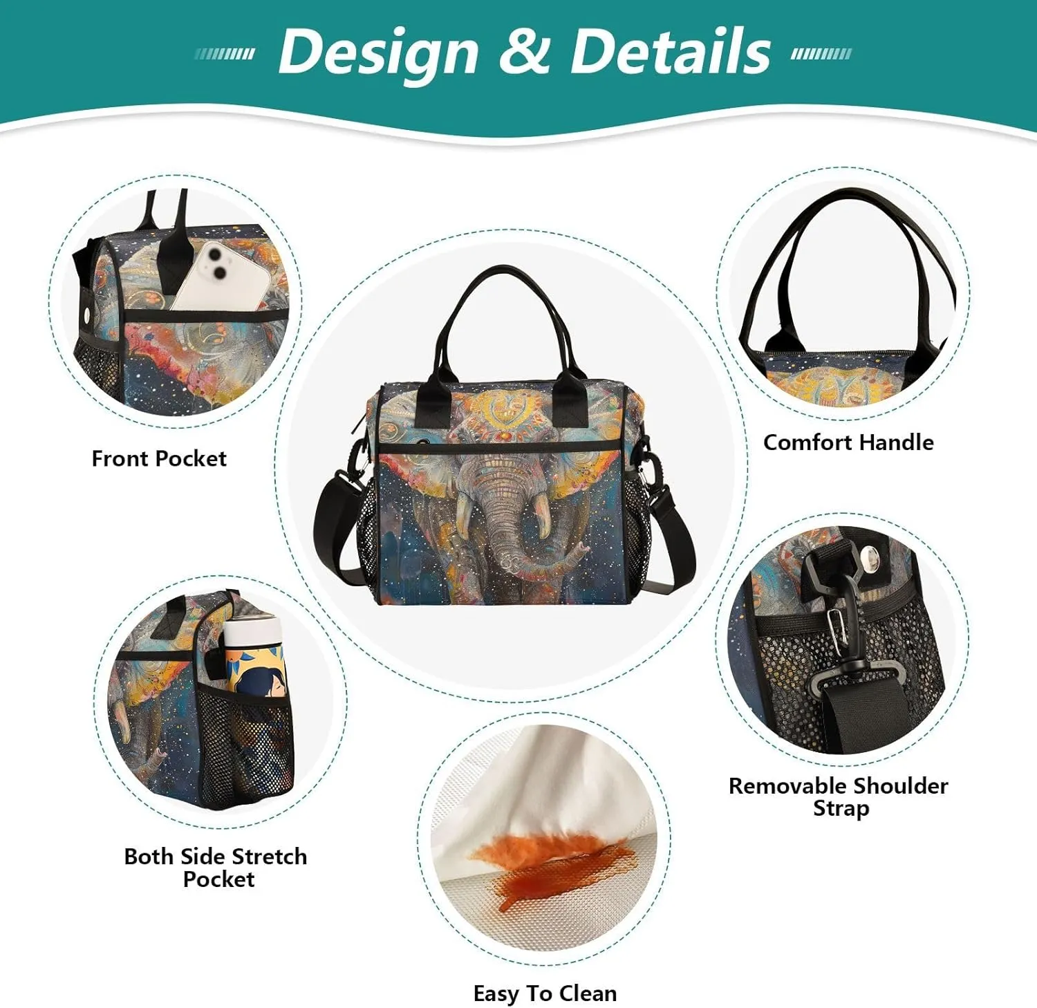 Elephant Indian Style Lunch Bag for Women, Insulated Lunch Box for Students, Women's Lunch Tote Bag with Side Pockets & Removable Shoulder Strap Large Cooler Purse for Picnic Work Beach