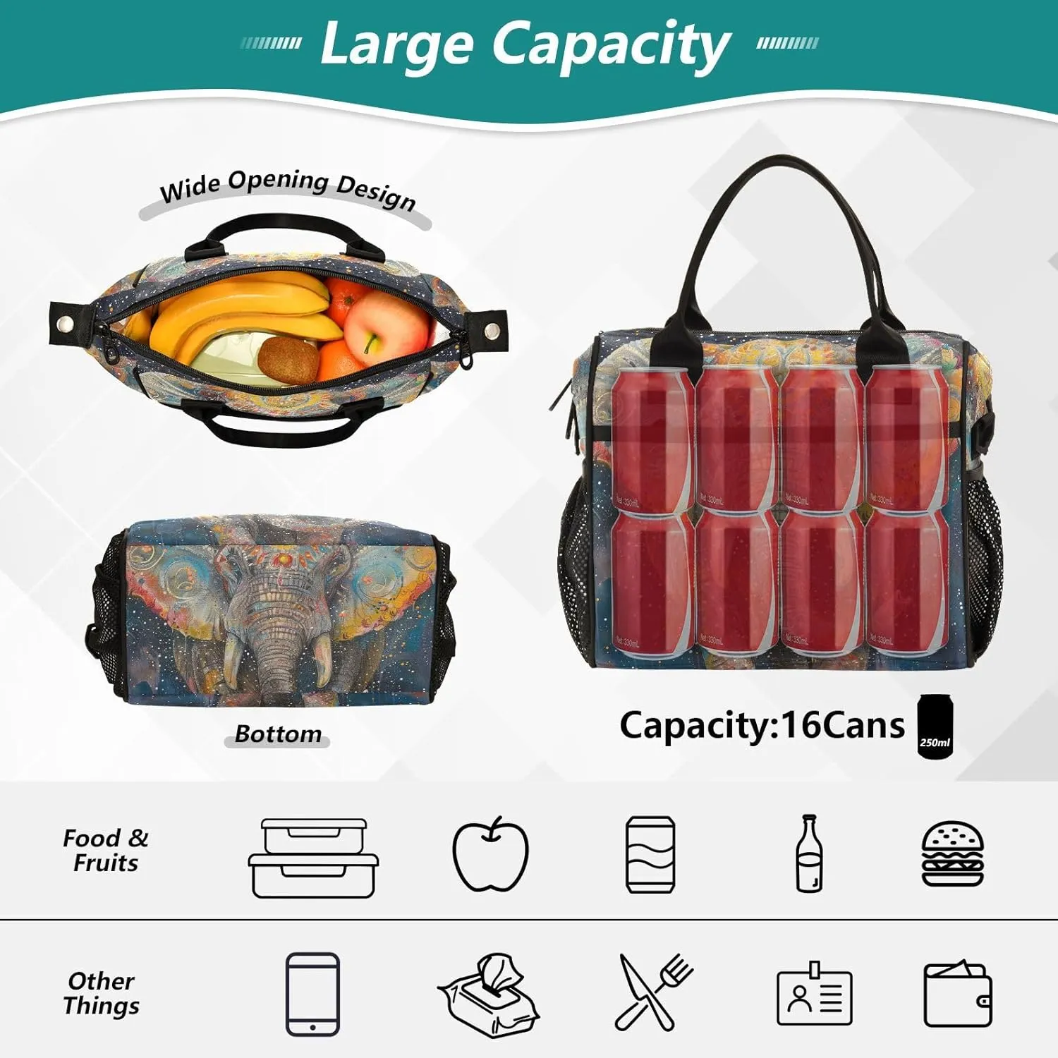 Elephant Indian Style Lunch Bag for Women, Insulated Lunch Box for Students, Women's Lunch Tote Bag with Side Pockets & Removable Shoulder Strap Large Cooler Purse for Picnic Work Beach