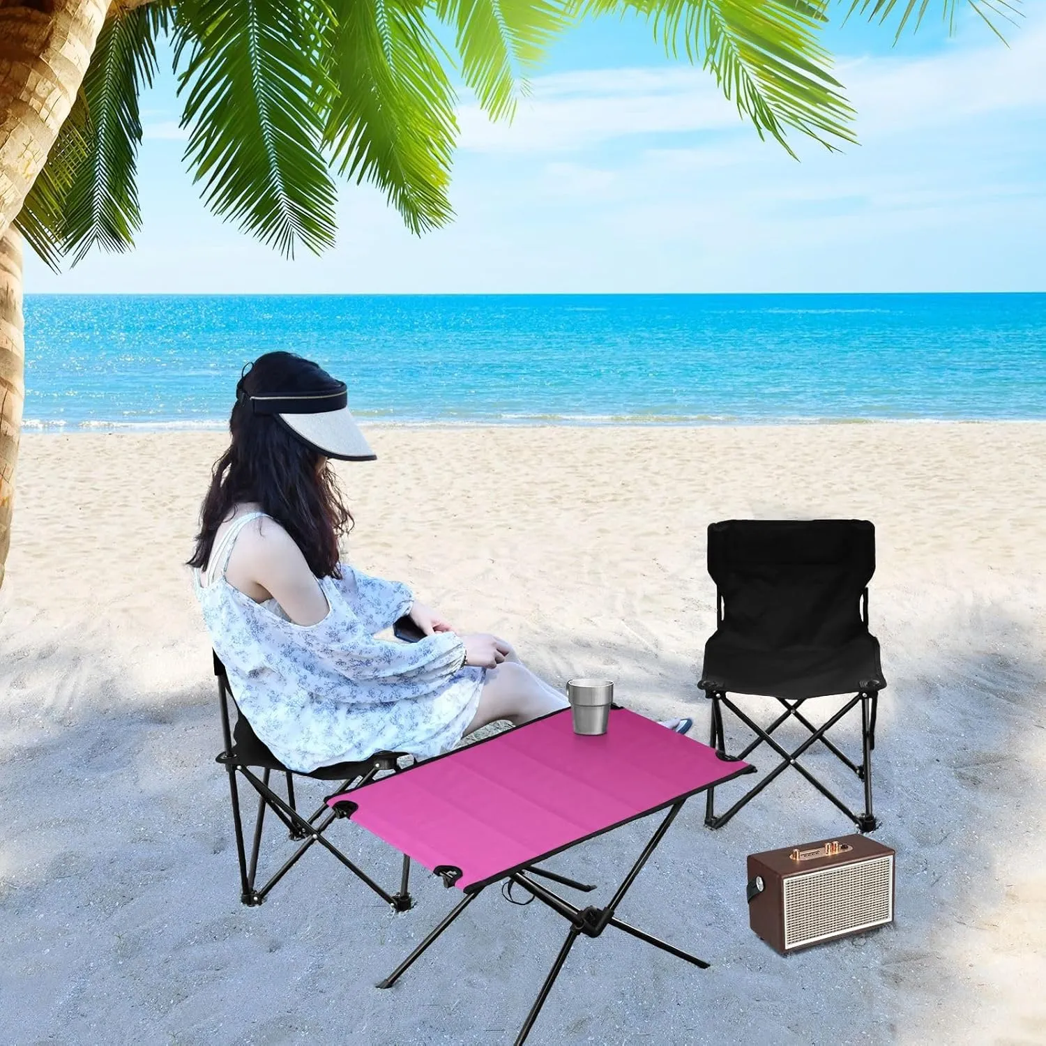 Emelivor Rose Red Gradient Folding Camping Table Portable Beach Table with Carry Bag Small Foldable Table for Outdoor Hiking Picnic Travel Beach