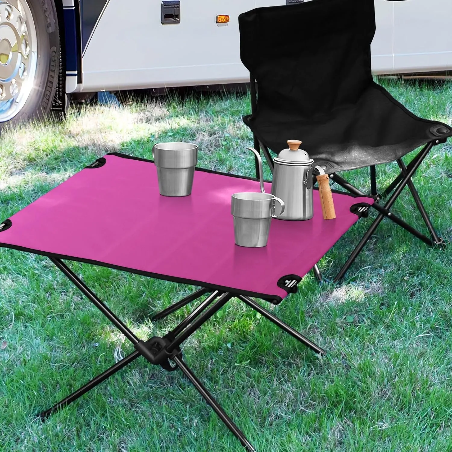 Emelivor Rose Red Gradient Folding Camping Table Portable Beach Table with Carry Bag Small Foldable Table for Outdoor Hiking Picnic Travel Beach