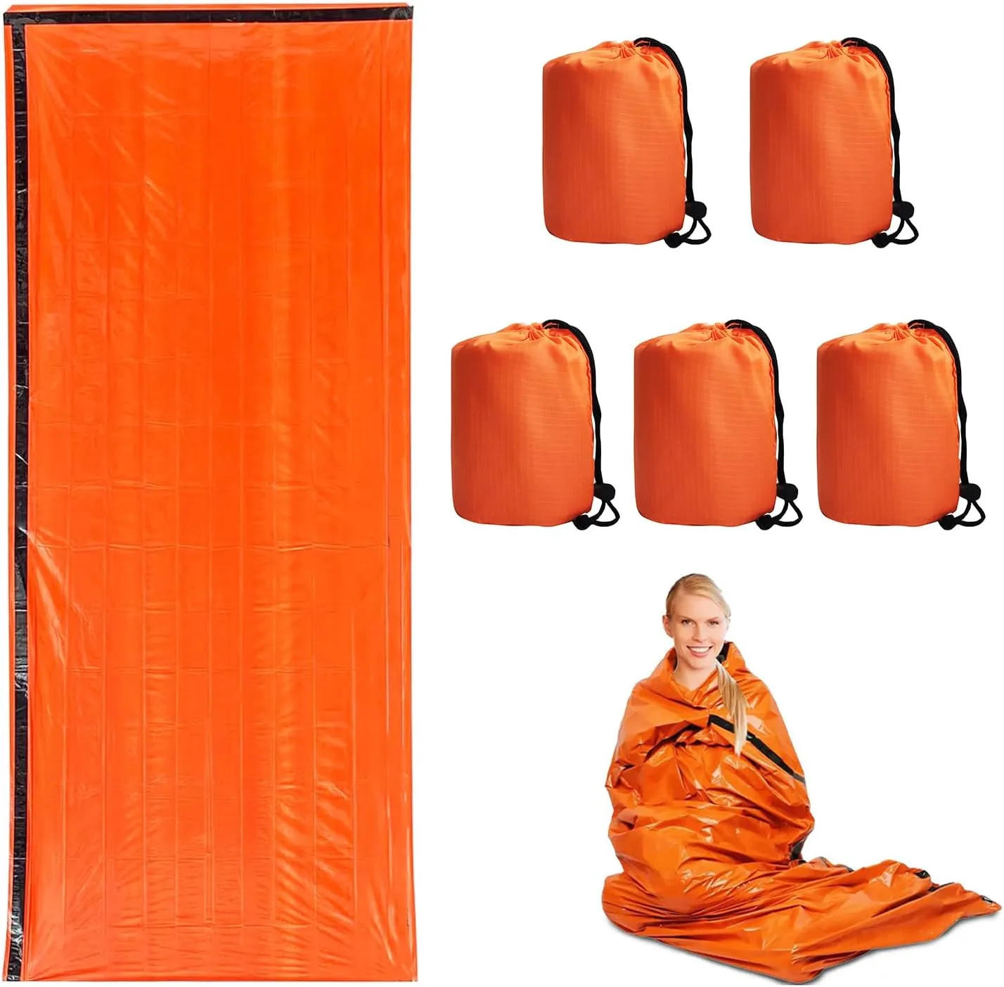 Emergency Survival Sleeping Bag 5 Pack 83.6"x35.8" Waterproof Thermal Bivy Sack for Camping, Hiking, Outdoor, Durable, Lightweight & Compact Blanket