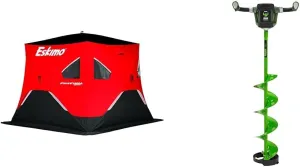 Eskimo FF949i FatFish Pop-up Portable Hub-Style Ice Shelter, Wide Bottom Design 61 sq ft. Fishable Area, 3-4 Person Insulated,Red & ION 39250 8" R1 Electric Ice Auger, Green/Black