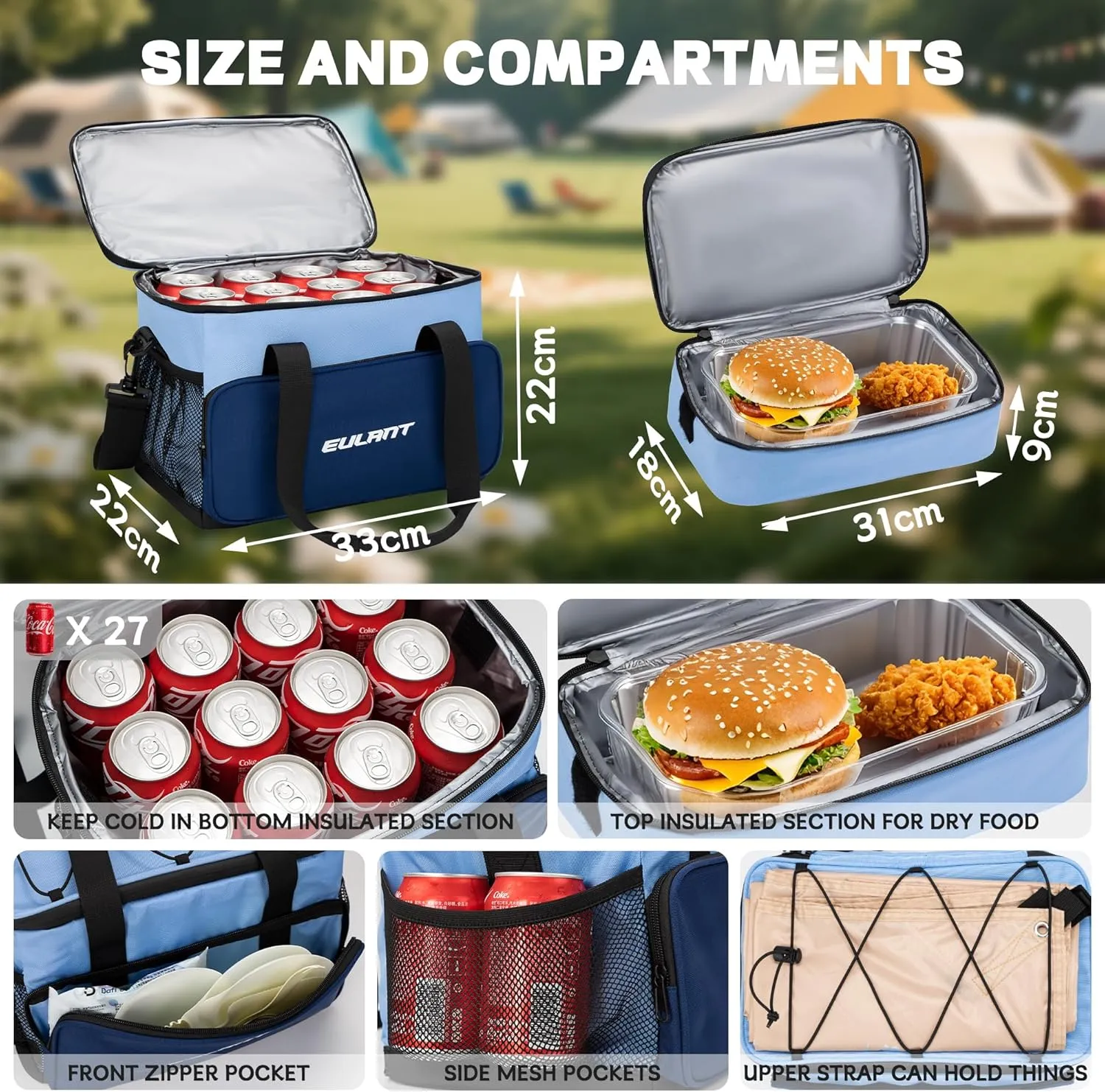 EULANT Large Waterproof Cooler Bag with Removable Lunch Bag,27 Can Collapsible Insulated Ice Chest Leak-Proof Cooler Bag for Men & Women Work Outdoor Beach Trips