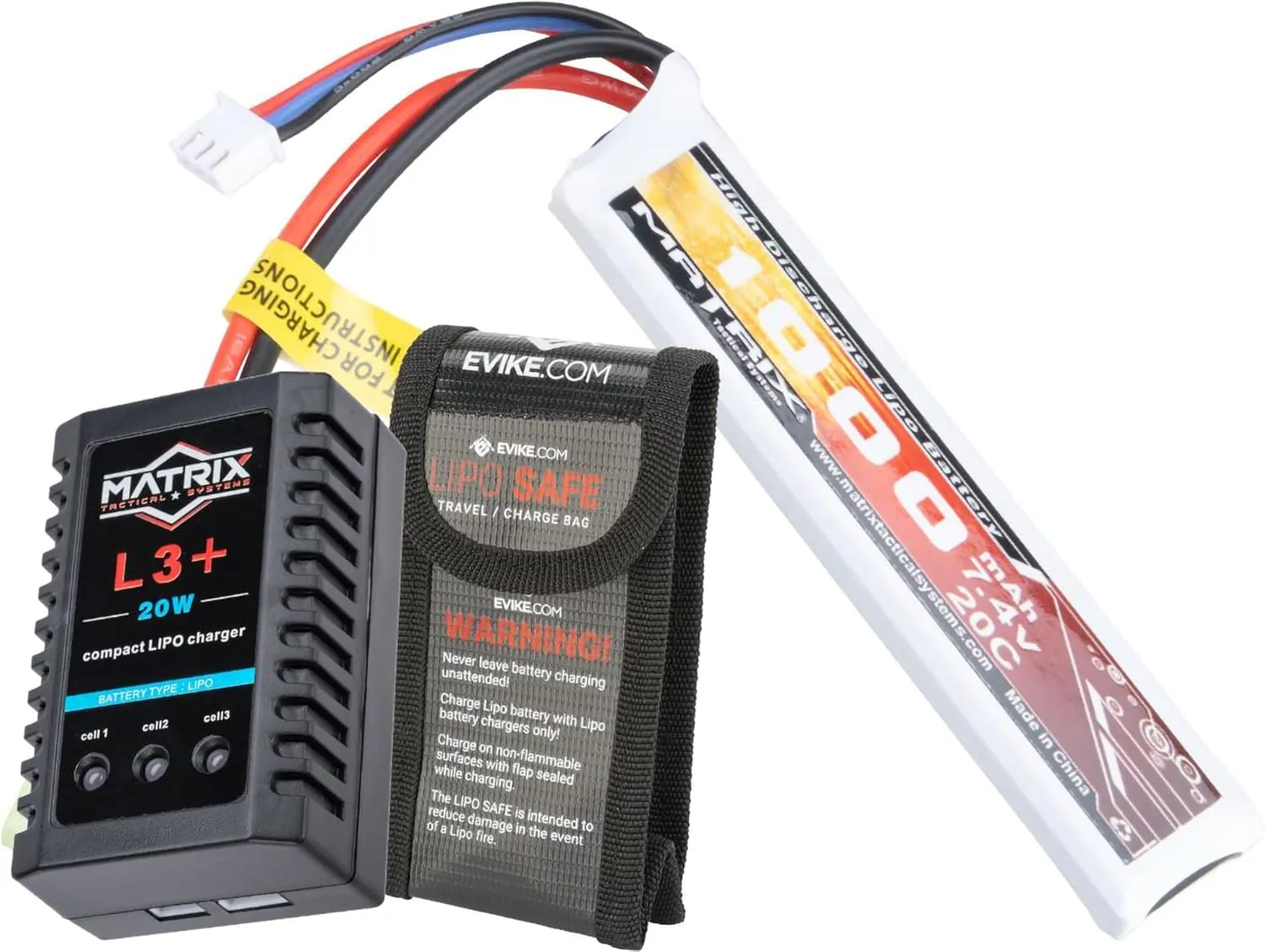 Evike Airsoft - Matrix High Performance 7.4V Airsoft LiPo Battery Starter Pack w/BMS Smart Charger (Model: Stick Type / 1000mAh / 20C / Small Tam.)