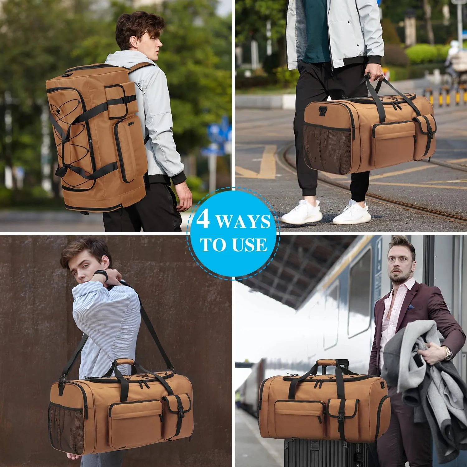 Extra Large Gym Bag Backpack with Shoes Compartment, 70L Heavy Duty Sports Duffle Bag for Men & Women, Workout Duffel Bag, Weekender Overnight Backpack for Travel Camping, Khaki