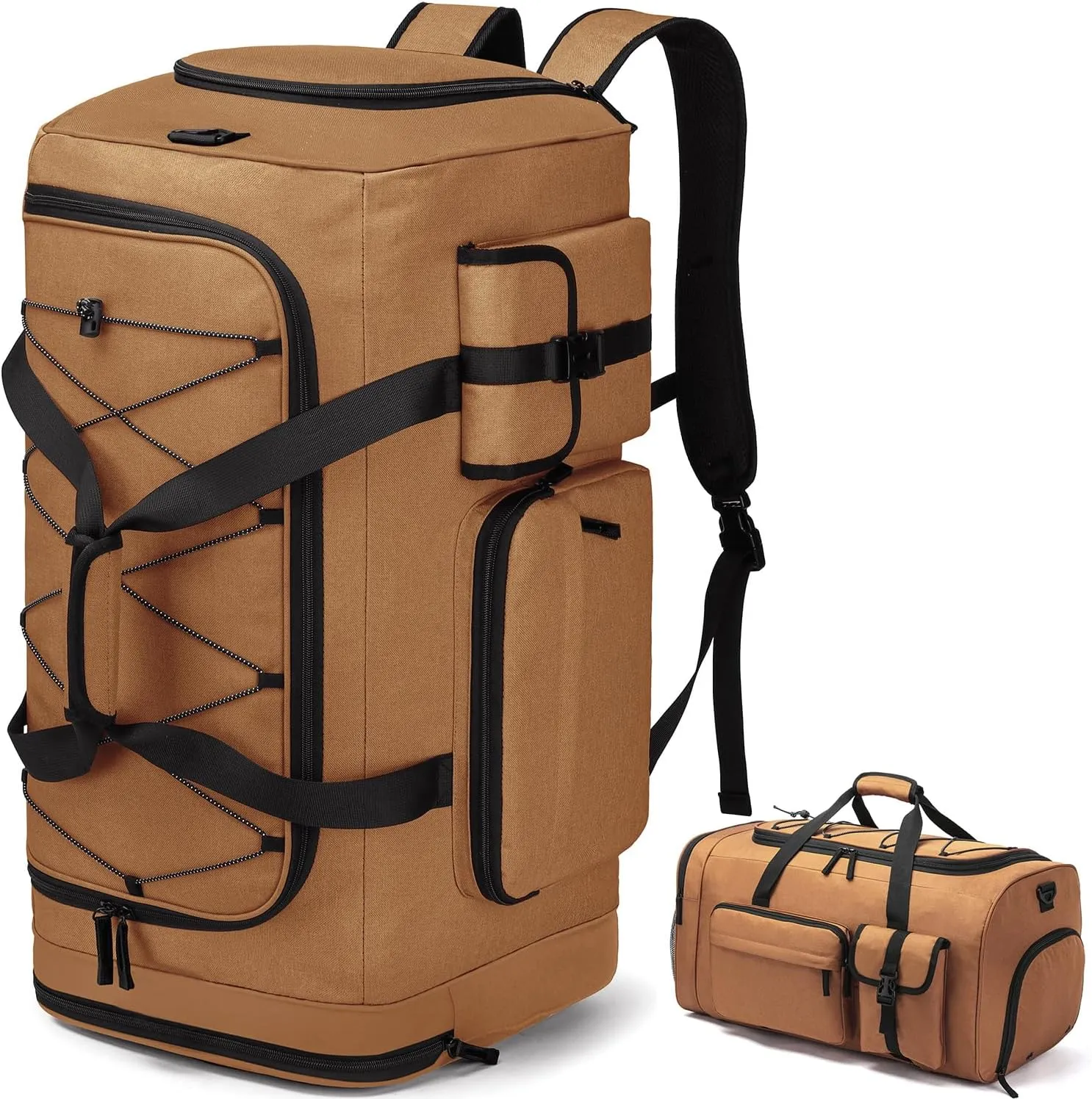 Extra Large Gym Bag Backpack with Shoes Compartment, 70L Heavy Duty Sports Duffle Bag for Men & Women, Workout Duffel Bag, Weekender Overnight Backpack for Travel Camping, Khaki