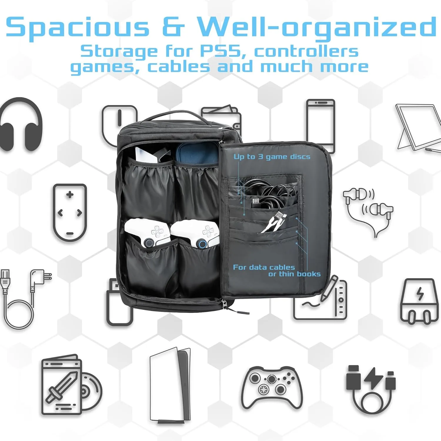 Ezgnuk Game Backpack for PS5 Console, Protective Travel Carrying Case, Large Capacity Storage Bag with Zippered Pocket for PlayStation 5, Laptop, Headphones, Game Discs and Accessories