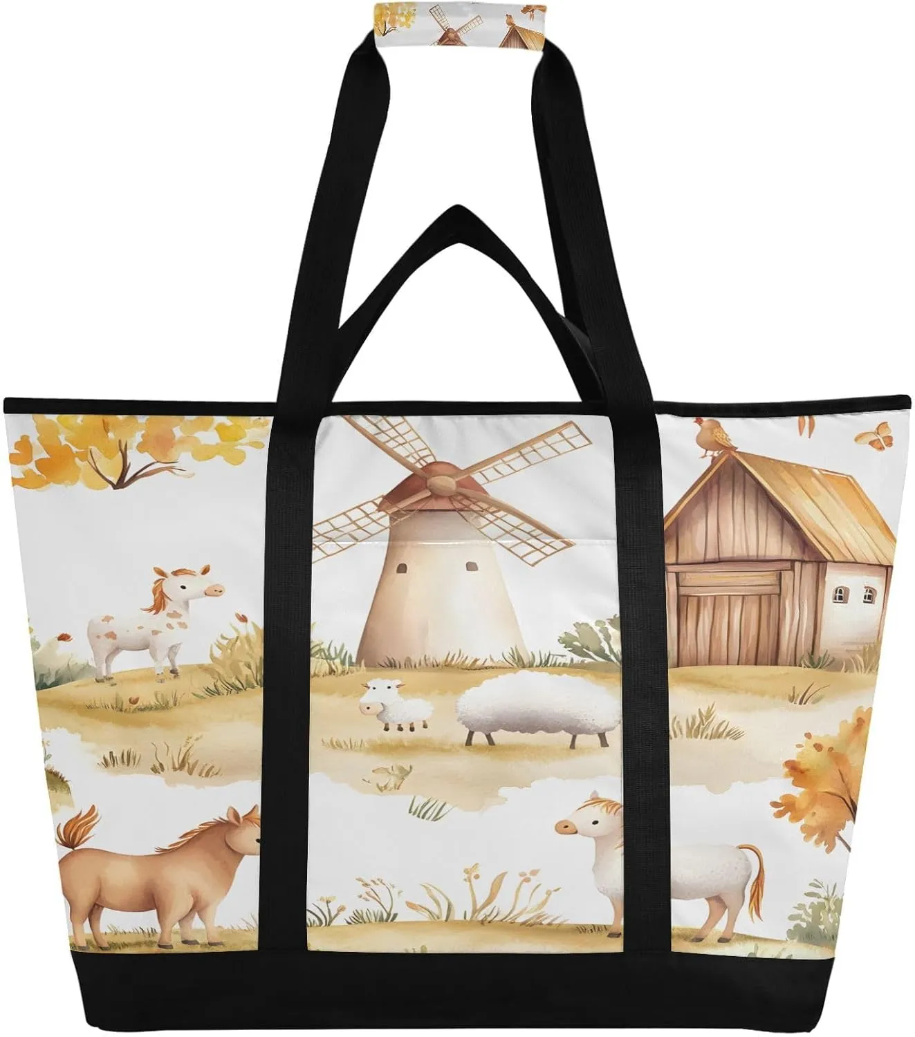 Farm Animals Reusable Insulated Lunchbox Cooler Bag, Leakproof Kitchen Grocery Bag Collapsible Portable Cooler Tote Bag for Picnic, Camping, Office, Travel