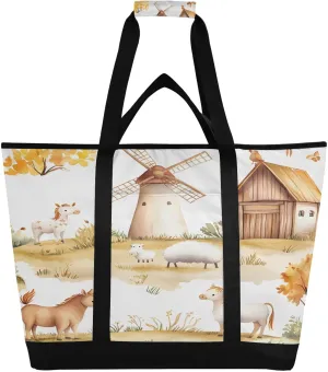 Farm Animals Reusable Insulated Lunchbox Cooler Bag, Leakproof Kitchen Grocery Bag Collapsible Portable Cooler Tote Bag for Picnic, Camping, Office, Travel