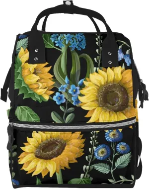 Fashion Diaper Bag Mummy Backpack Sunflowers On Black Background Nappy Bag Large Capacity Baby Care Bags For Mom Dad