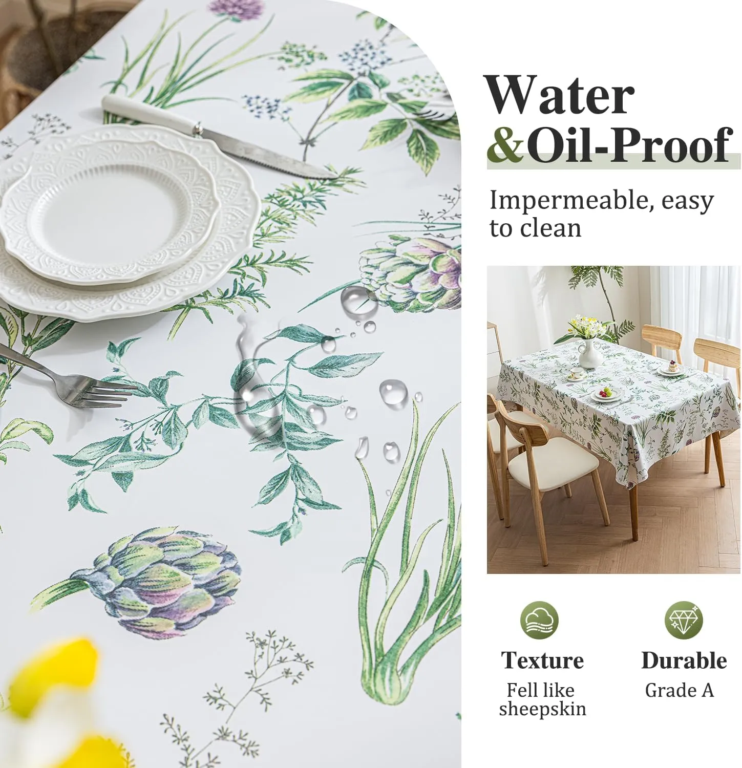 Faux Leather Rectangle Table Cloths Warm Tablecloth for Party, Camping, Picnic, Kitchen and Dining Room Table Decor (Flowers and Grass, 71"X55")