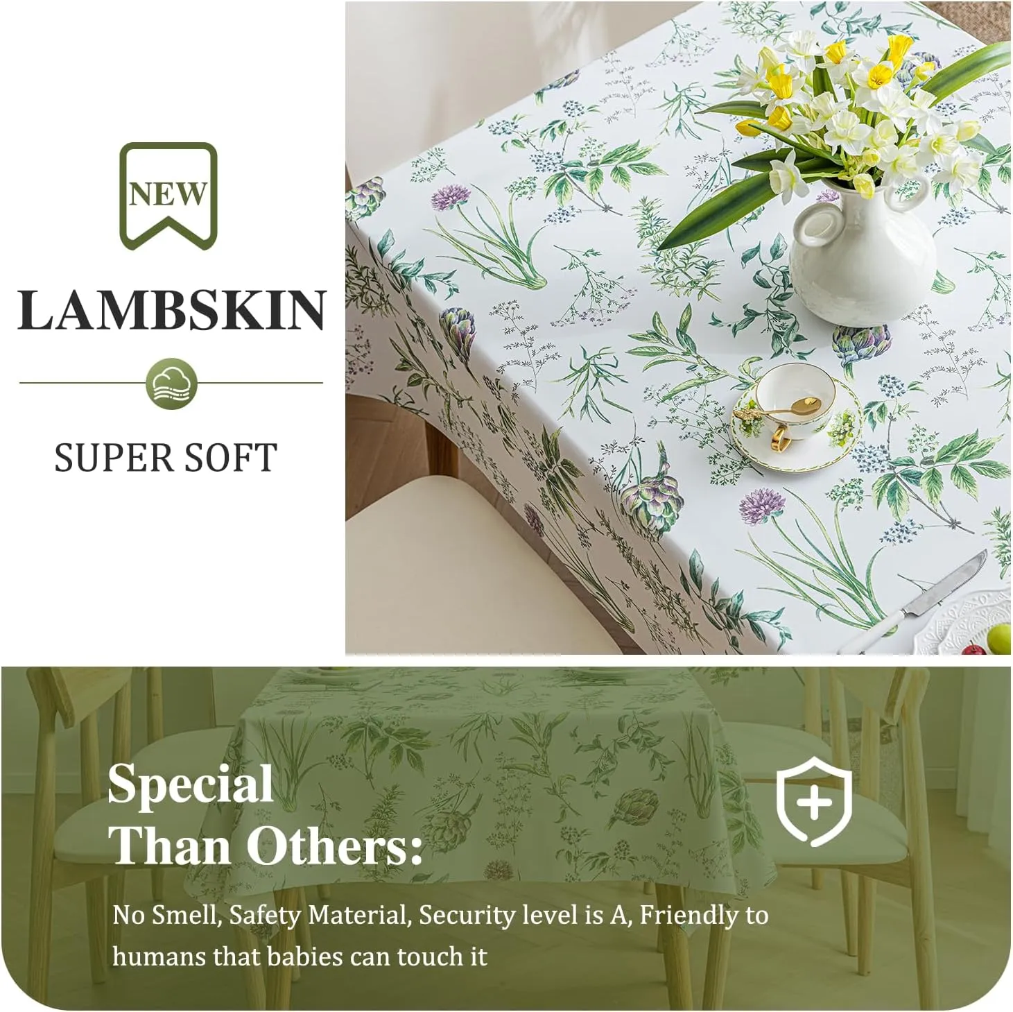 Faux Leather Rectangle Table Cloths Warm Tablecloth for Party, Camping, Picnic, Kitchen and Dining Room Table Decor (Flowers and Grass, 71"X55")