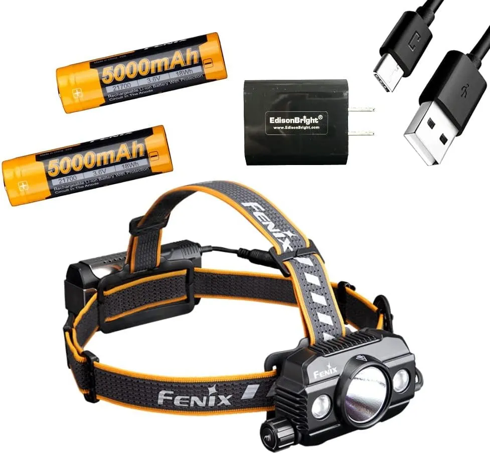 Fenix HP30R V2 3000 Lumen USB-C Rechargeable LED Headlamp, 2 X Rechargeable Batteries with EdisonBright USB Charging Adapter Bundle