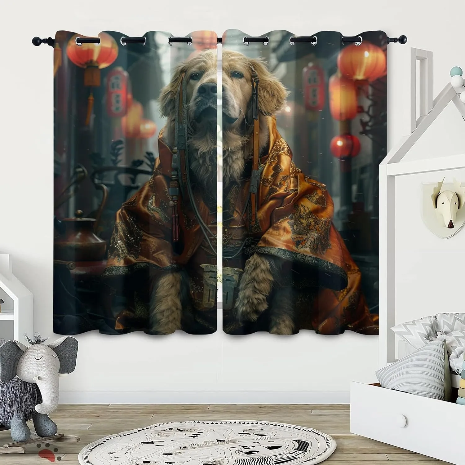 Festive Atmosphere Darkening Window Curtains 3D Print Red Lantern Dragon Robe Dog Thermal Insulated Wear Resistant Drapes with Grommet for Home Decor Bedroom Living Room 2 Panels 42"W x 63"L