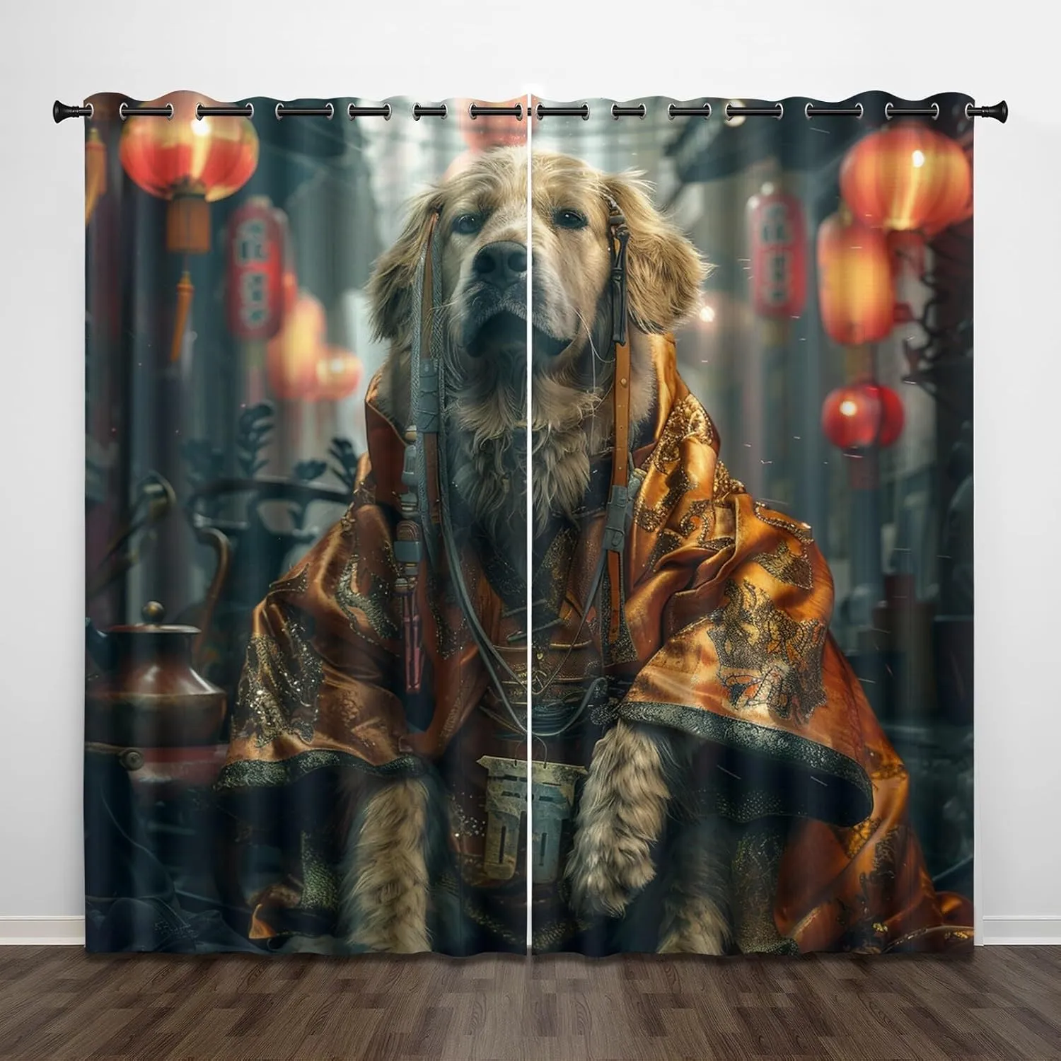 Festive Atmosphere Darkening Window Curtains 3D Print Red Lantern Dragon Robe Dog Thermal Insulated Wear Resistant Drapes with Grommet for Home Decor Bedroom Living Room 2 Panels 42"W x 63"L