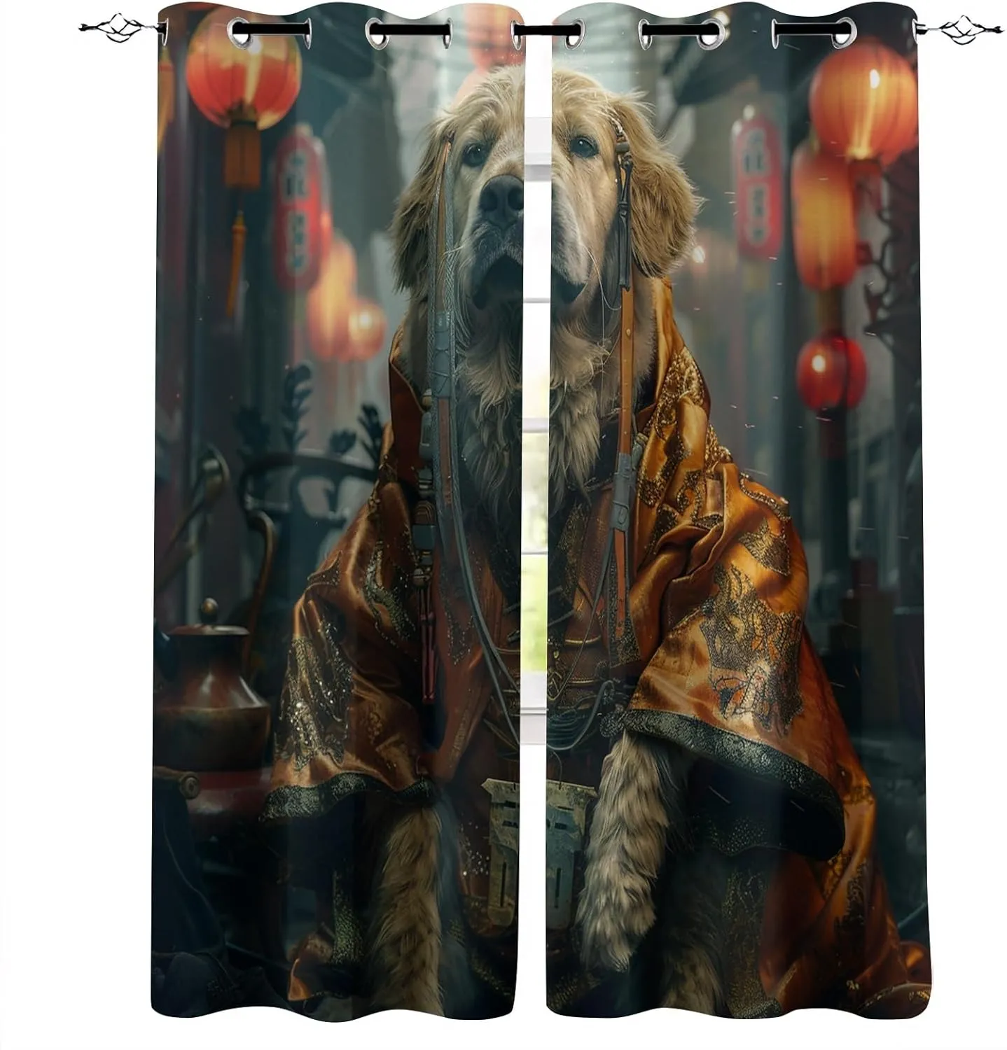 Festive Atmosphere Darkening Window Curtains 3D Print Red Lantern Dragon Robe Dog Thermal Insulated Wear Resistant Drapes with Grommet for Home Decor Bedroom Living Room 2 Panels 42"W x 63"L
