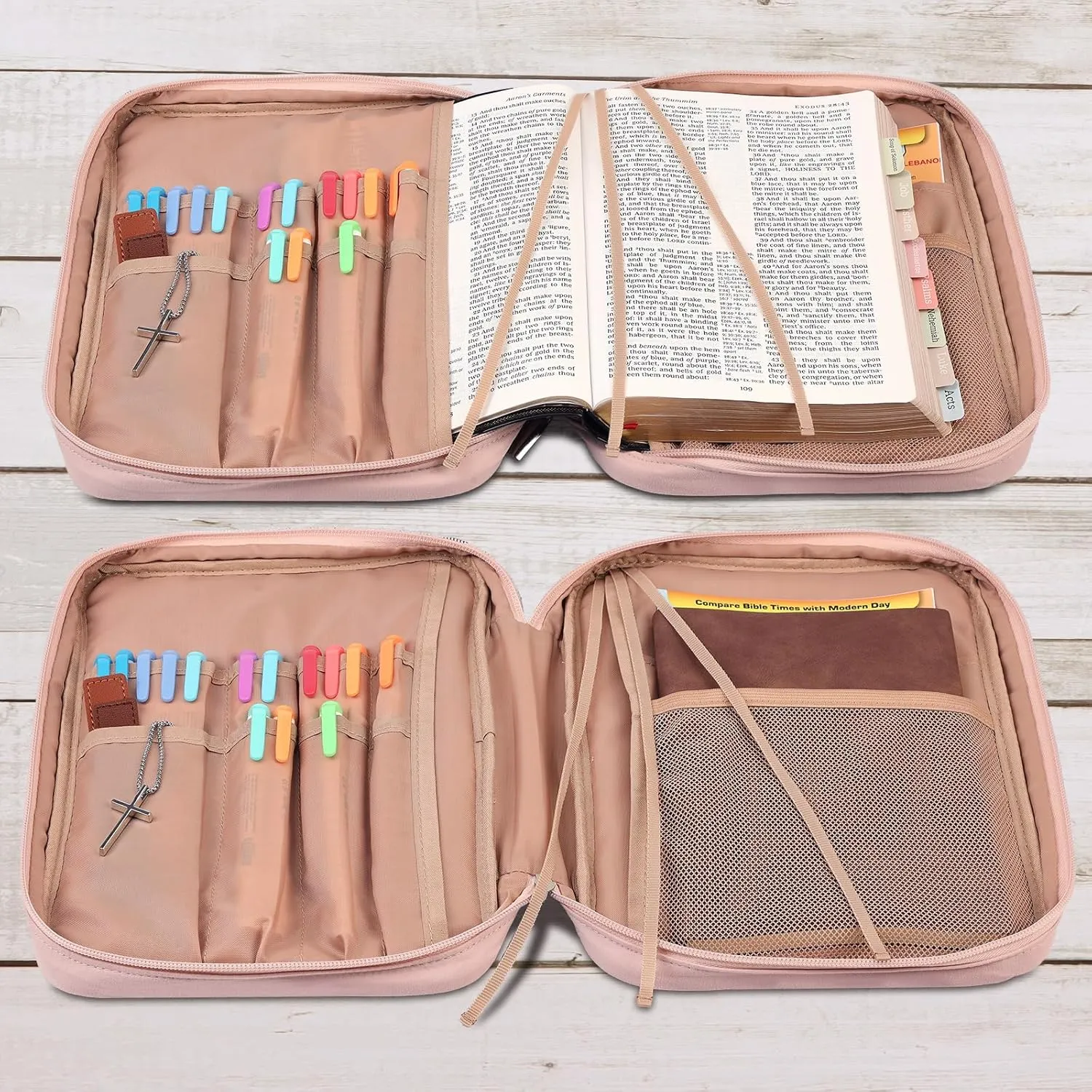 FINDCOZY Bible Cover for Women, Durable Carrying Book Case Church Bag for Biblical Accessories with Handle and Zippered Pocket, for Scriptures, Pink