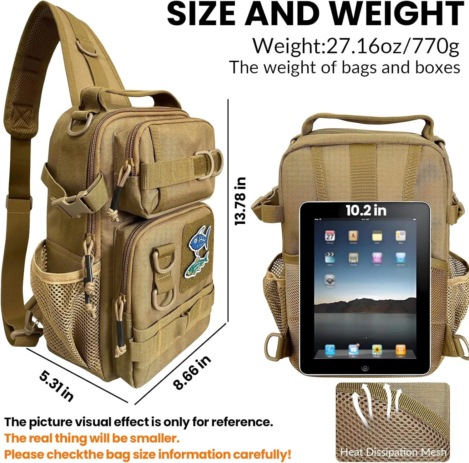 Fishing Backpack Tackle Storage Bag with Tackle Boxes DIY Logos Lightweight Fish Shoulder Bag with Rod Holder Multiple pockets Fishing Sling Tackle Bag(Khaki)